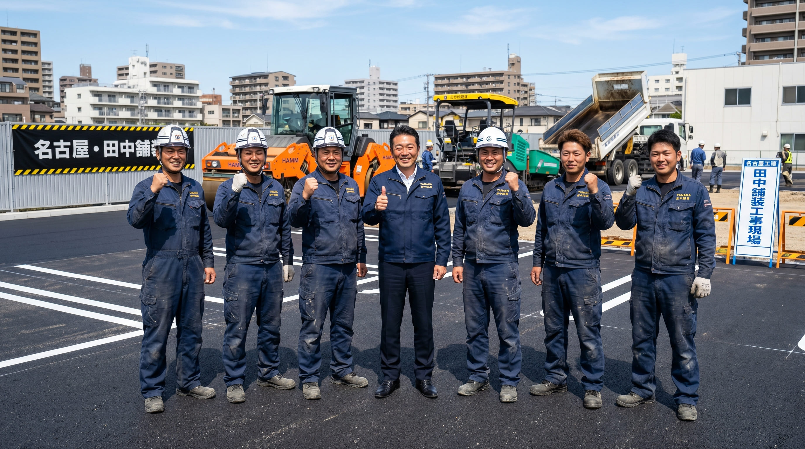 名古屋の舗装業者の社長と職人が笑顔でガッツポーズ